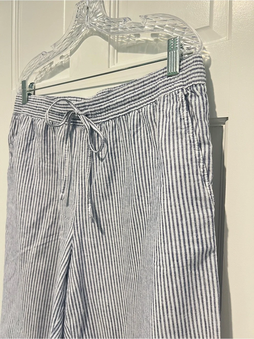 H&M Linen Blend Drawstring Wide Leg Pants Blue White Pin Stripe Large